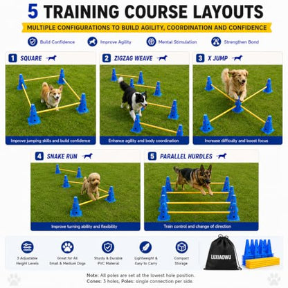 Dog Agility Training Equipment, 12 Cones, 6 Poles, Hurdle