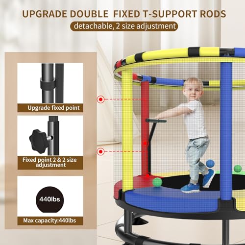 Trampoline for Kids, Full Anti-Rust 440lbs Anti-Rollover Round Bottom Toddler Trampoline, T-handrail Adjustable Baby Toddler Trampolines Dart Board - color: A2-Dark Red Yellow Blue, size: 60