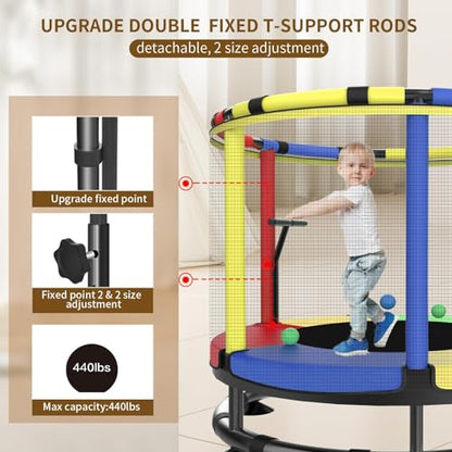 Trampoline for Kids, Full Anti-Rust 440lbs Anti-Rollover Round Bottom Toddler Trampoline, T-handrail Adjustable Baby Toddler Trampolines Dart Board - color: A2-Dark Red Yellow Blue, size: 60