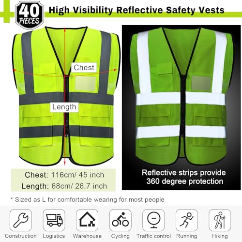 Newcotte 40 Pack Safety Vests Bulk Yellow Reflective High Visibility Vest with Mesh Pocket Zipper, Hi Vis Silver Strip for Men, Neon
