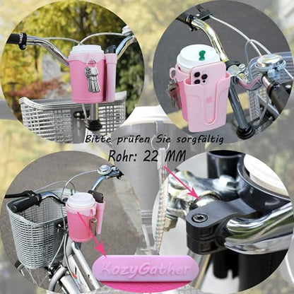 Bike Cup Holder with Phone & Key Storage, Universal Drink Bottle Mount for Adult Mountain Road E-Bikes & Adult Scooters, Double Pink - color: Pink, style: Bike Cup Holder