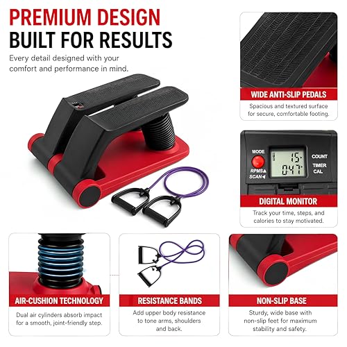 Air Stepper Machine with Resistance Bands - color: Red / Black