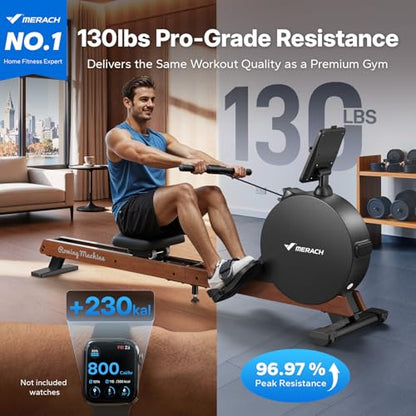 MERACH Pro-Grade Rowing Machines for Home, Smart Magnetic Rowing Machine with Self-Generation, Double Resistance and 400 LBS MAX Load, Wooden Tracks for Silent Sliding - style: R7-self-generating electricity
