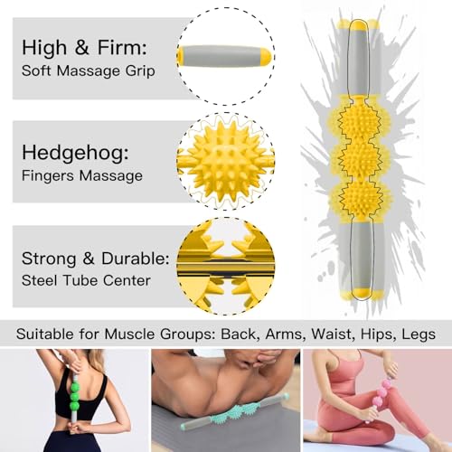 Fascia Muscle Roller, Cellulite Massager Fascia Roller for Cellulite and Sore Muscles, Neck, Leg, Back, Pressure Trigger Point Body Roller Deep Tissue Massage Stick Tools - 3 Massage Balls - color: Golden Yellow