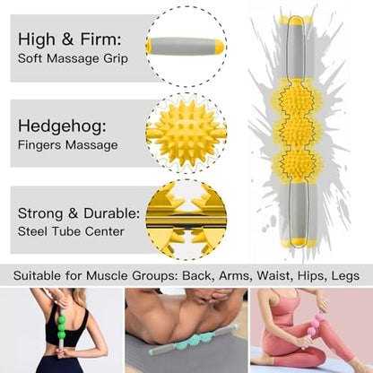 Fascia Muscle Roller, Cellulite Massager Fascia Roller for Cellulite and Sore Muscles, Neck, Leg, Back, Pressure Trigger Point Body Roller Deep Tissue Massage Stick Tools - 3 Massage Balls - color: Golden Yellow