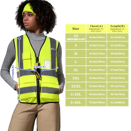 A-SAFETY High Vis Safety Vest for Women - Reflective Strips, Multi-Pockets, Zipper Closure - color: Yellow, size: XXXXX-Large