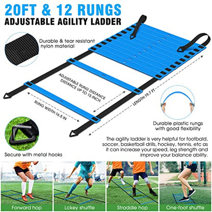 X-UMEUS Agility Ladder Speed Training Equipment Set-20ft Agility Ladder,12 Soccer Cones,4 Hurdles, Jump Rope, Running Parachute| Basketball Football Soccer Training Equipment for Kids Youth Adults - color: Blue
