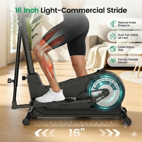 ANCHEER Elliptical Exercise Machine for Home, Foldable Magnetic Elliptical Trainer with 16" Stride, 16 Resistance Levels, Adjustable Pedals, LCD Monitor & Pulse Sensor, 550 LBS Weight Capacity - color: Black