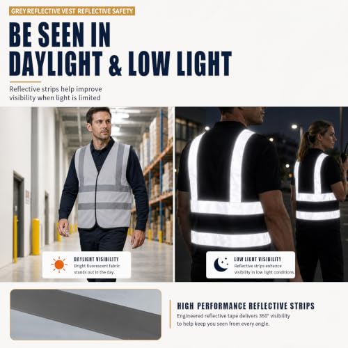 AYKRM 12 colour High visibility viz vest hi vis viz reflective work construction safety vest (XS-8XL) - color: Grey, size: 3X-Large