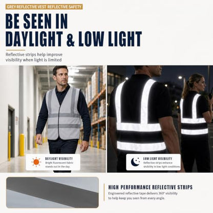 AYKRM 12 colour High visibility viz vest hi vis viz reflective work construction safety vest (XS-8XL) - color: Grey, size: Large