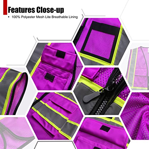 Reflective Safety Vest for Men Women Hi Vis Vest with 8 Pockets High Visibility Mesh Reflective Vest Meets ANSI/ISEA Standards (Purple-07, Medium) - color: Purple, size: Medium