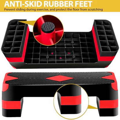 F2C 26.5 Inches Step Aerobics Stepper Platform with 3 Risers, Home Gym Workout Equipment, Fitness Exercise Equipment, Exercise Workout Stepper - color: Red