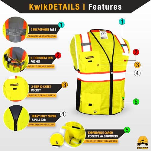 KwikSafety BIG KAHUNA Safety Vest Class 2 ANSI OSHA Hi Vis Reflective Vest - color: Yellow, size: Large