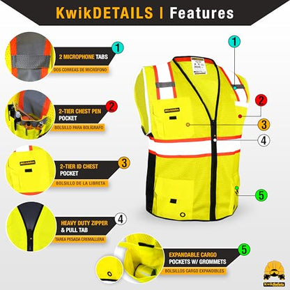 KwikSafety BIG KAHUNA Safety Vest Class 2 ANSI OSHA Hi Vis Reflective Vest - color: Yellow, size: Large