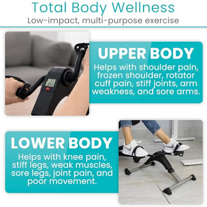 Vive Folding Pedal Exerciser - Under Desk Exercise Bike for Seniors, Elderly - Sit Down Stationary Peddler Equipment for Arm, Leg, Hand, Foot - Mini Floor Bicycle with LCD Display, Adjustable Tension