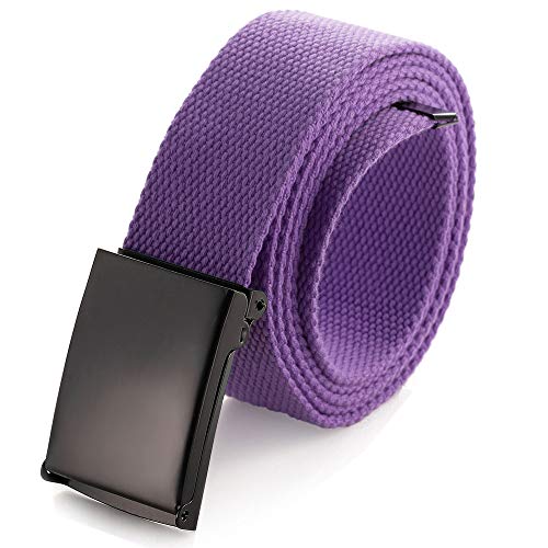 Mile High Life Cut To Fit Canvas Web Belt Size Up to 52" with Flip-Top Solid Black Military Buckle - color: 1 Pack Purple