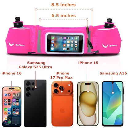 No.1 Hydration Belt by Runtasty - Premium Running Fuel Belt w/2 BPA-Free 10 oz Water Bottles, Tilt-Up Pocket w/Touchscreen-Ready Cover - Fits All iPhones, Runners Ebook & No-Bounce Design - color: Hot Pink