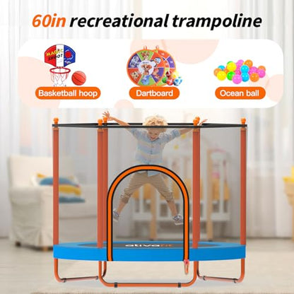 Ativafit 60'' Rebounder Trampoline Indoor Outdoor for Kids Ages 1-8, 5 FT Recreational Toddler Trampoline with Safety Enclosure Net Gifts with Basketball Hoop Dartboard Ocean Bal