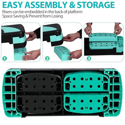 Non-Slip 31 Inch Aerobic Exercise Step Platform 4"-6"-8" Height Adjustable Risers for Home Gym Cardio Training Fitness Workout Stepper Trainer - color: Green