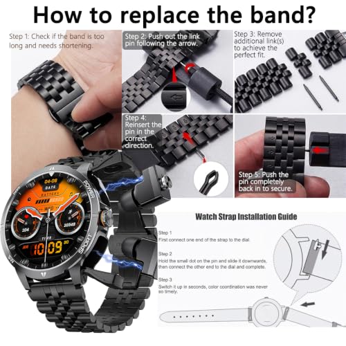 Military Smart Watch with Earbuds for Men and Women,+ Metal Band - color: Black RD +Steel band& 2Glass