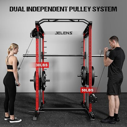 JELENS M21 Smith Machine, Multi-Function Power Cage with Dual Pulley Cable Crossover System, 2000LBS All-in-One Squat Rack with Smith Bar and Attachments - color: Red, size: M21 Smith Machine