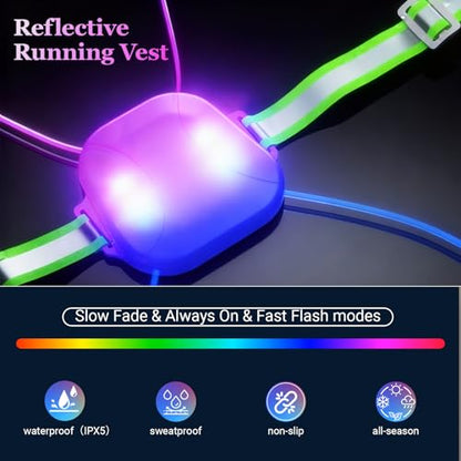 Reflective Running Vest: Rechargeable LED Running Gear with 3 Modes and 7 Colors, Adjustable Running Lights for Runners, Reflective Safety Vest for Night Running