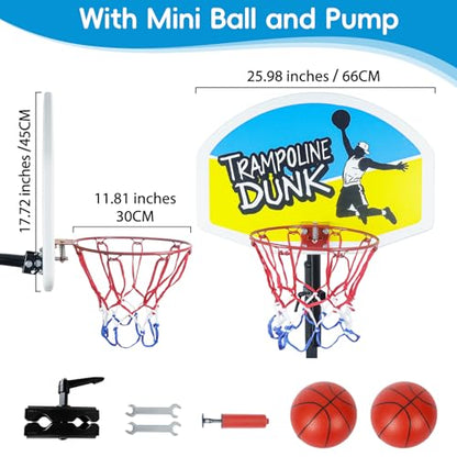 Trampoline Basketball Hoop, Universal Trampoline Accessories, Fits Straight Pole & Curved Pole, Upgraded Basketball Hoop for Trampoline with 2 Mini Ball, Pump and Protective Net