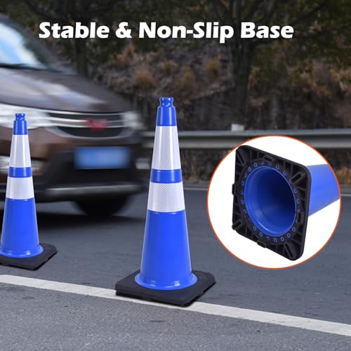 4 Pack 28 Inch Blue PVC Traffic Cones Black Base Stable Flexible, Road Safety Construction Zone Crowd Control Parking Safety Cones (4, Blue, 28 Inch) - color: Blue, size: 28 Inch