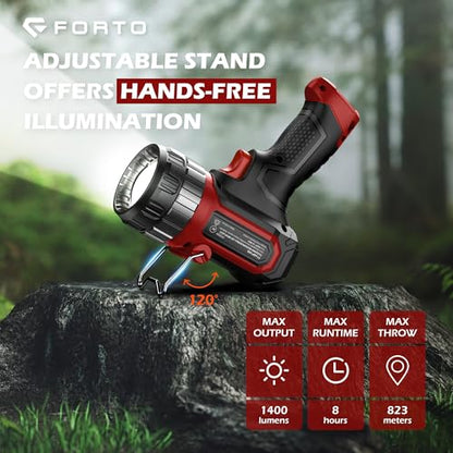 FORTO Rechargeable Spotlight 1400 Lumens – Zoomable Handheld LED Flashlight, 8H Battery, 2700ft Beam, Adjustable Focus & Stand for Camping Hunting Emergency – Great Gift - color: Red