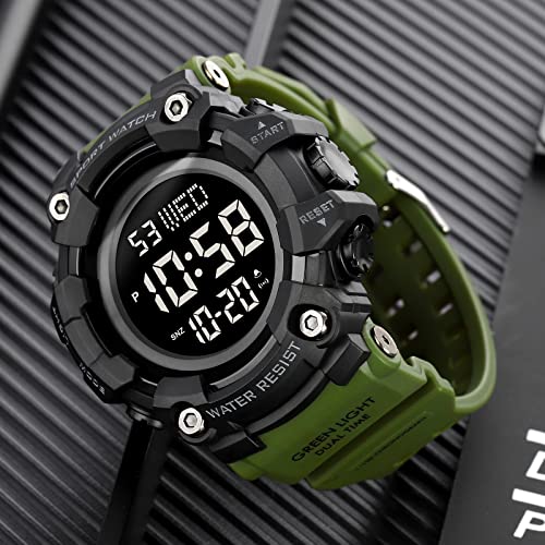 XCZAP Men's Black Digital Sports Watch, Large Face Military Tactical Watch, 5ATM Water Resistant, LED Backlight, Alarm, Stopwatch,Dual Time - color: Army Green