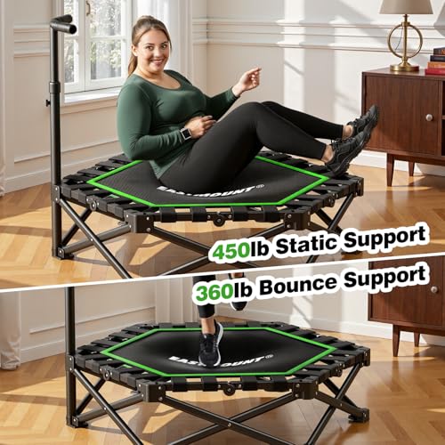 EAST MOUNT 42" Foldable Mini Trampoline for Adults, Quiet Fitness Rebounder with Adjustable Handle, No-Assembly Indoor Exercise Trampoline, 450LBS Capacity - color: Green