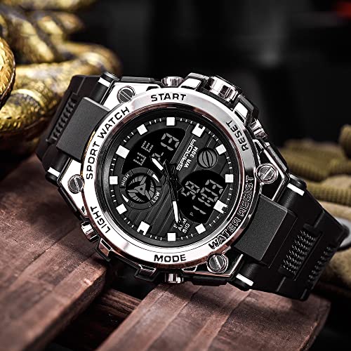 KXAITO Men's Watches Sports Outdoor Waterproof Military Watch Date Multi Function Tactics LED Alarm Stopwatch - color: 26_Silver