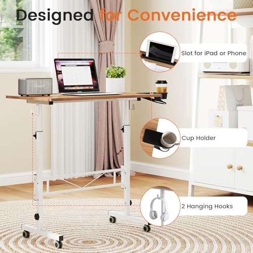 Hadulcet Small Standing Desk with Wheels, Rolling Desk Adjustable Height - color: Oak, size: 31.5"