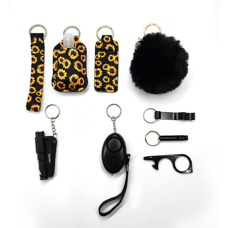 Personal Safety Keychain Set with Alarm, Pom Pom, Holder Pouch, 8-Piece Kit, Available in Pink, Purple, Sunflower Pattern - color: Sunflower