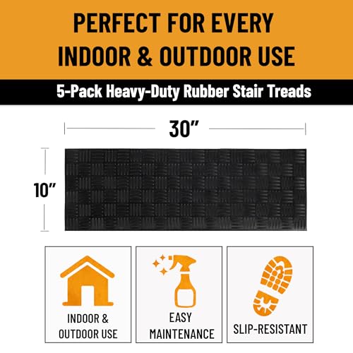 Ottomanson Outdoor Rubber Stair Treads – Ribbed Heavy-Duty Non-Slip Stair Mats – Best Grip on Concrete, Brick & Textured Step – Fastening Recommended for Wooden & RV Steps, Pack of 5 - color: Black Ribbed Squares