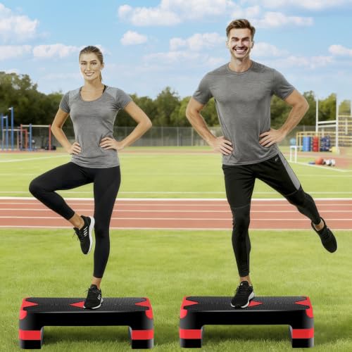 Non-Slip 27 Inch Aerobic Exercise Step Platform 4"-6"-8" Height Adjustable Risers for Home Gym Cardio Training Fitness Workout Stepper Trainer - color: Red