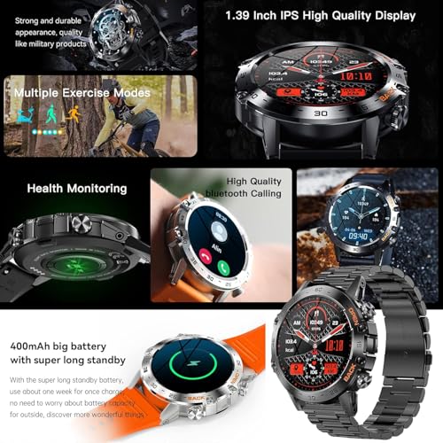 Military Smart Watch for Men(Make/Answer Call), 1.39" HD Bluetooth Tactical Fitness Tracker Smartwatch for Android iOS Phones, Outdoor 5ATM Waterproof Digital Watches Step Counter, 3 Straps (Silver)