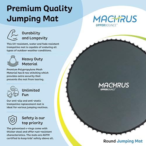 Machrus Upper Bounce Trampoline Replacement Mat 7.5FT 8FT 10FT 11FT 12FT 13FT 14FT 15FT 16FT with V-Rings - UV & Water Resistant (96 V-Rings for 7" Springs, 16 ft)