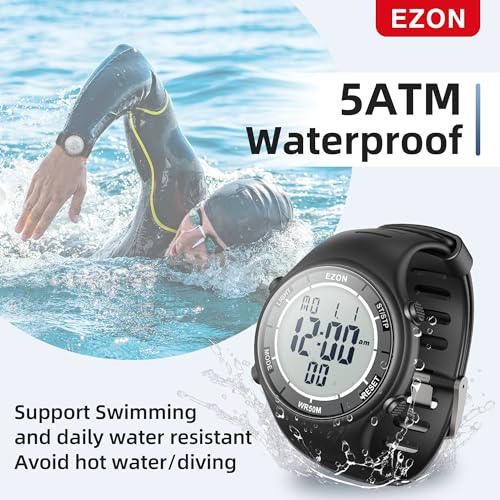 EZON Digital Watch with Stopwatch Countdown Timer Alarm EL Backlight,Ultra-Thin Large Display 5ATM Waterproof Digital Wrist Watches for Men Women - color: Matte Black
