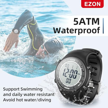 EZON Digital Watch with Stopwatch Countdown Timer Alarm EL Backlight,Ultra-Thin Large Display 5ATM Waterproof Digital Wrist Watches for Men Women - color: Matte Black