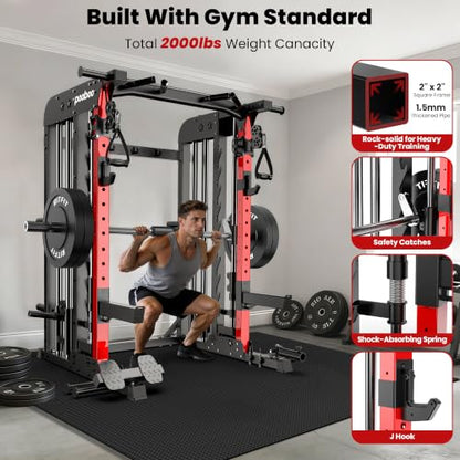 pooboo Power Cage Smith Machine with 2000LB Squat Rack Cable System