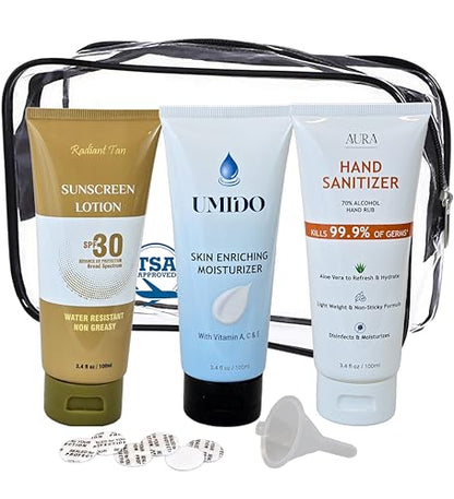 Smuggle Mug Lotion Flasks 3 Pack | TSA Approved 100ml Tubes and Clear Quart Zipper Bag | Lid Seals and Funnel Included | Disguised Containers for Cruise, Beach, and Festival | Total of 10 oz | Secret
