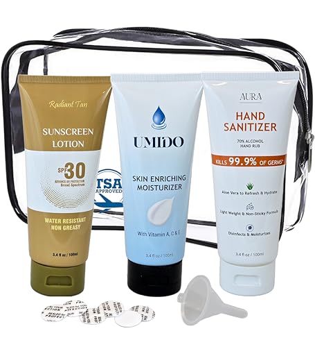 Smuggle Mug Lotion Flasks 3 Pack | TSA Approved 100ml Tubes and Clear Quart Zipper Bag | Lid Seals and Funnel Included | Disguised Containers for Cruise, Beach, and Festival | Total of 10 oz | Secret
