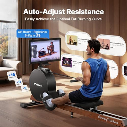 MERACH Pro-Grade Rowing Machines for Home, Smart Magnetic Rowing Machine with Self-Generation, Double Resistance and 400 LBS MAX Load, Wooden Tracks for Silent Sliding - style: R7-HD Screen