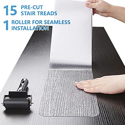 Butizone Stair Treads Non Slip 6" x 30", 15-Pack Pre-Cut Clear Anti Slip Strips for Wooden Steps Indoor, Transparent and Waterproof Grip Tape, Safety for Elderly and Dogs - size: 6" X 30"