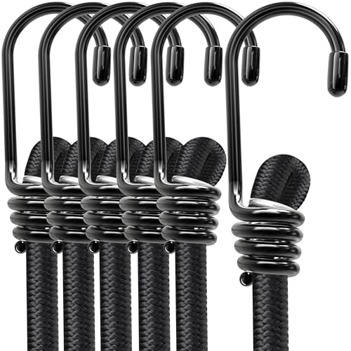 Bungee Cords with Hooks - Latex Made Heavy Duty Weatherproof & UV - Resistant Elastic Bungee Straps (Black, 12 Inches - Pack of 6) - size: 12 Inches - Pack of 6