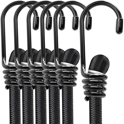 Bungee Cords with Hooks - Latex Made Heavy Duty Weatherproof & UV - Resistant Elastic Bungee Straps (Black, 12 Inches - Pack of 6) - size: 12 Inches - Pack of 6