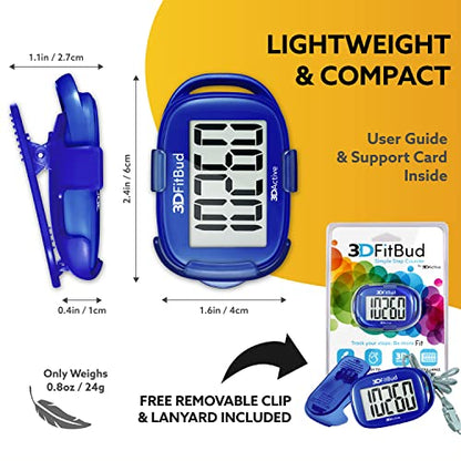 3DFitBud Simple Step Counter Walking 3D Pedometer by 3DActive with Clip, Lanyard Accurate Step Tracker Large Display, Easy to Use for Kids Men Women Adult Seniors Daily Step Tracking - A420S - color: Royal Blue