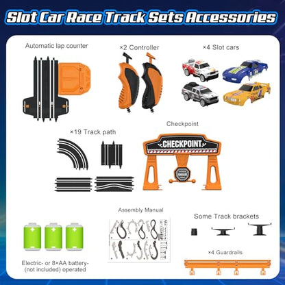 Slot Car Race Track Sets for Boys, Race Car Track with 2 High-Speed Slot Cars, Battery or Electric Car Track, Dual Racing Game Lap Counter Track Sets, Toys Gifts for Boys Girls Ages 6 7 8-12 - size: 11FT