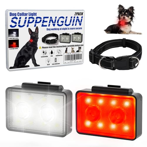 Rechargeable Dog Collar Lights, SUPPENGUIN 3+4 Modes Dog Lights Clip on for Night Walking, Night time, Portable, IP44 Waterproof (Black, 2 Pack) - color: Black